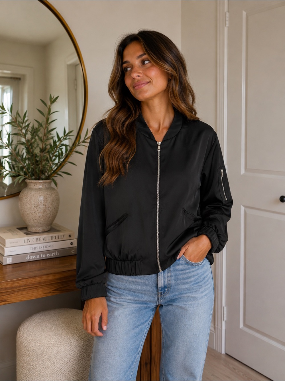 Lulu's Black Satin Bomber Jacket